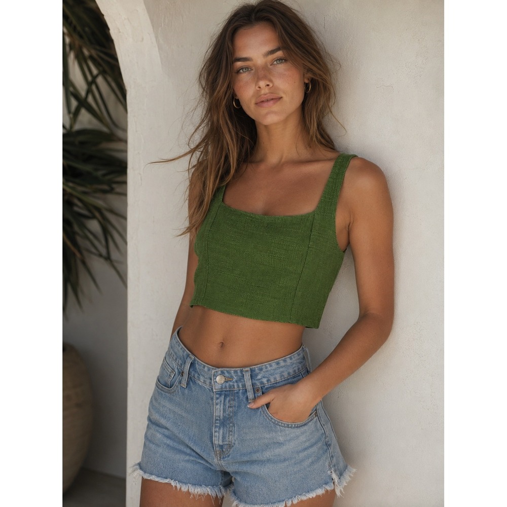 Abercrombie & Fitch NWT Women's Green Textured Square Neck Crop Top- XL